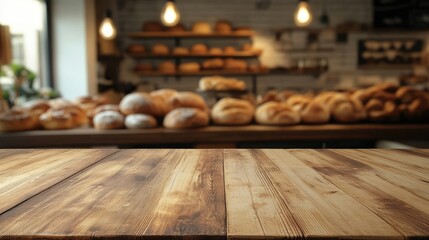 Empty wooden table surface in front of a defocused bakery shop, evoking the aroma of fresh bread and pastries in a cozy, welcoming setting.