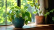 © Nuttaya Nampai - Epipremnum aureum (golden pothos) sitting on a wooden table next to a sunny window, creating a cozy and refreshing home and garden atmosphere.
