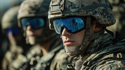 Close up portrait of a soldier in camouflage with helmet and goggles.