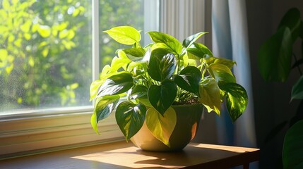 Epipremnum aureum (golden pothos) sitting on a wooden table next to a sunny window, creating a cozy and refreshing home and garden atmosphere.