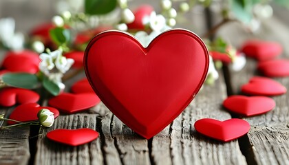 Wall Mural - Rustic wedding invitation design featuring red hearts on a wooden backdrop