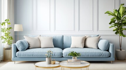 Wall Mural - Light blue sofa with white cushions and two gold and marble coffee tables in front of it.