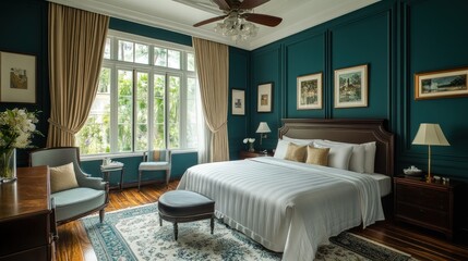 Wall Mural - Luxurious bedroom interior with a large bed, plush pillows, and a teal wall with beautiful patterned wallpaper.