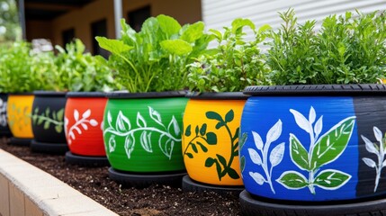 Wall Mural - Colorful Painted Pots with Fresh Green Plants