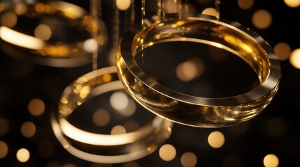 Wall Mural - Closeup of shiny golden rings hanging against a dark background with bokeh lights.