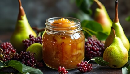 Wall Mural - Homemade pear jam in a glass jar surrounded by fresh organic fruits