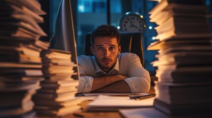 Poster - Exhausted man with piles of paperwork on his desk in office at night.