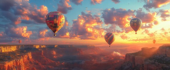 whimsical wanderlust vibrant hot air balloons drift over rugged canyon golden hour light vast sky pa