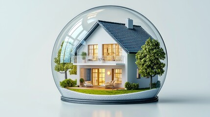 Eco-friendly house protected inside a glass dome in a secure environment. Home Insurance Protect Concept