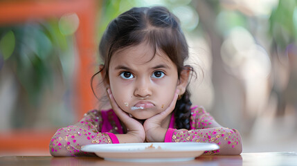 desi asian little girl toddler saying no thanks to empty meal plate copy space