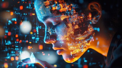 Poster - futuristic portrait of a person with digital data patterns on face, symbolizing the integration of t