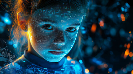 A young girl interacts with futuristic technology, filled with wonder and curiosity. The concept of advanced innovations and the future of learning. Generative AI.