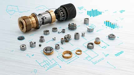 Poster - Engine Parts and Technical Blueprint Arrangement
