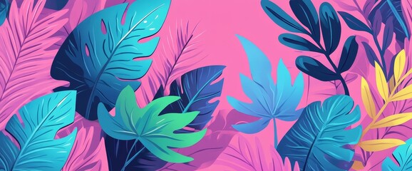 Wall Mural - Background with abstract foliage and botanicals. Tropical wallpaper of palm, monstera leaves, branch and jungle. Exotic plants in summer on pink background.