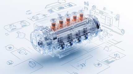 Poster - Transparent Engine Illustration with Technical Diagrams