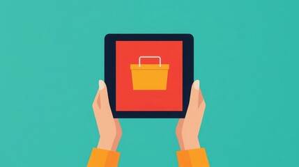 Hands holding a tablet with shopping cart icon