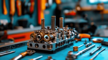 Poster - Engine Parts on Workbench in Mechanical Workshop