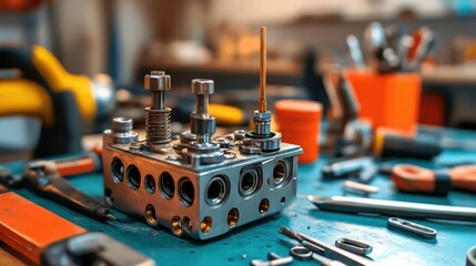 Poster - Precision Engine Part on a Workbench with Tools