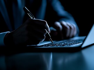 Poster - an electronic document is signed using a pen on a virtual screen by a businessman