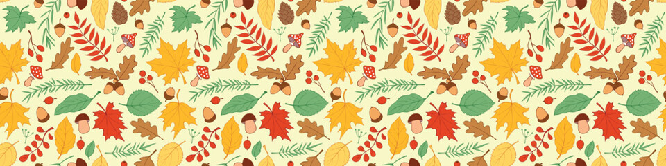 Wall Mural - Seamless pattern falling leaves, acorns, berries, mushrooms. Vector color autumn texture, isolated, hand drawn in doodle flat style. Concept of forest, leaf fall, nature, thanksgiving