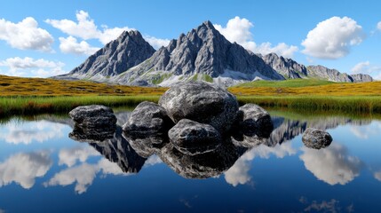 Scenic mountain landscape with rocky formations reflected in a serene lake under a clear blue sky with fluffy clouds.