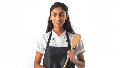 Desi Asian lady chef stands alone over white background text space, holding wooden spatula and donning an apron.