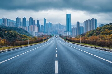 Wall Mural - empty highway with cityscape and skyline of qingdao,China, Generative AI