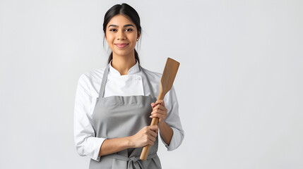 Desi Asian lady chef stands alone over white background text space, holding wooden spatula and donning an apron.