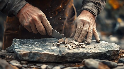 Person chipping stone with a knife, focused on craftsmanship, nature backdrop.