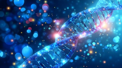 Poster - Glowing Blue DNA Helix with Abstract Background