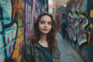 Young woman poses amidst striking graffiti, urban style