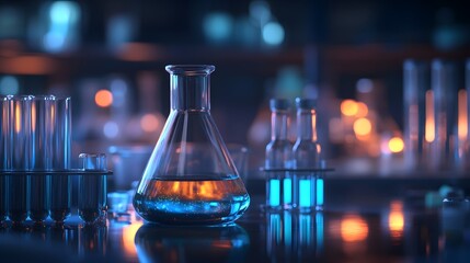 Poster - A Single Erlenmeyer Flask Filled with Blue Liquid and Sparkles in a Laboratory Setting