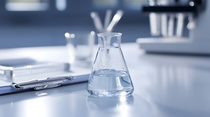 Poster - A Single Erlenmeyer Flask Filled with Clear Liquid on a White Lab Table