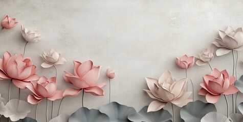 In the interior, water lilies and leaves are painted on a textural background with a photo wallpaper pattern