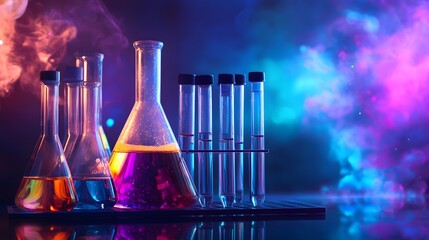 Poster - chemical flasks and test tubes in a blue and purple smoke background