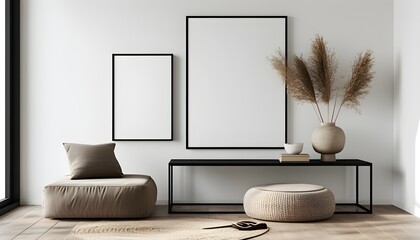 Contemporary minimalistic interior with black frame, blank poster mockup, wooden accents, and stylish decor for new home ambiance