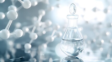 Poster - Glass Flask with Clear Liquid and Molecular Structure Background