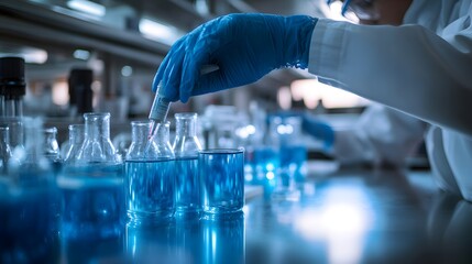Poster - Gloved hand dispensing blue liquid into glass flasks in a lab setting
