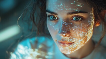 Poster - Portrait of a woman with digital facial interface, illustrating futuristic technology and artificial intelligence concepts.