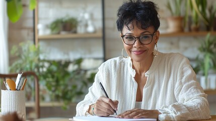 Sticker - A smiling woman in glasses writes in a notebook, surrounded by greenery, reflecting a calm and creative home workspace.