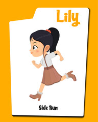 A cute girl cartoon character running AKA Lily, Little girl cartoon in school dress.