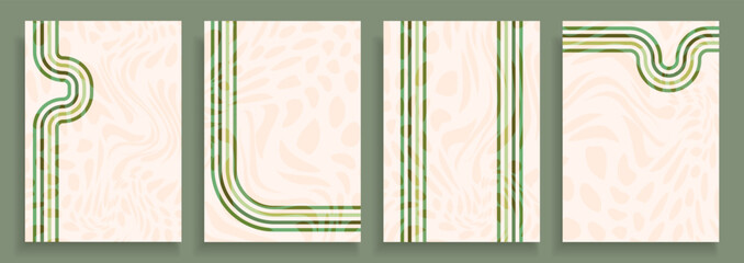 Poster - Abstract backgrounds with green wavy stripes. Set of natural posters with copy space. Empty templates. Vector illustration.