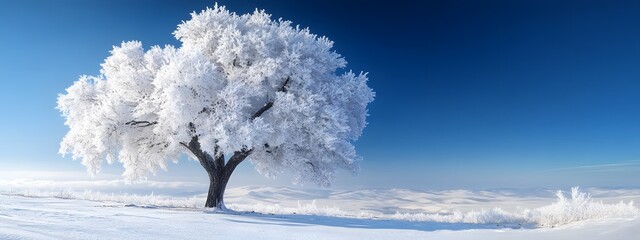 Wall Mural - a beautiful tree, covered in snow, stands alone in the snowy field against a blue sky