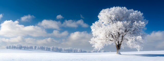 Wall Mural - a beautiful tree, covered in snow, stands alone in the snowy field against a blue sky