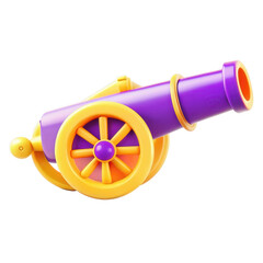 Poster - A vibrant toy cannon designed in purple and yellow colors, featuring a classic wheel and cannon shape. It looks playful and fun, suitable for children.
