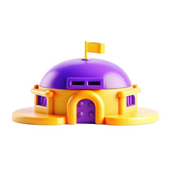 Poster - This image features a colorful 3D model of a playful cartoon-style house with a purple dome and yellow base. It is rendered with vibrant colors and details.