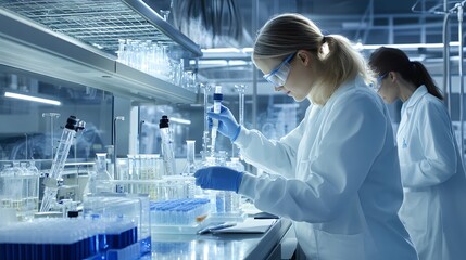 Poster - A female scientist in a lab coat working with a beaker and test tubes