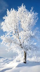 Wall Mural - a beautiful tree, covered in snow, stands alone in the snowy field against a blue sky