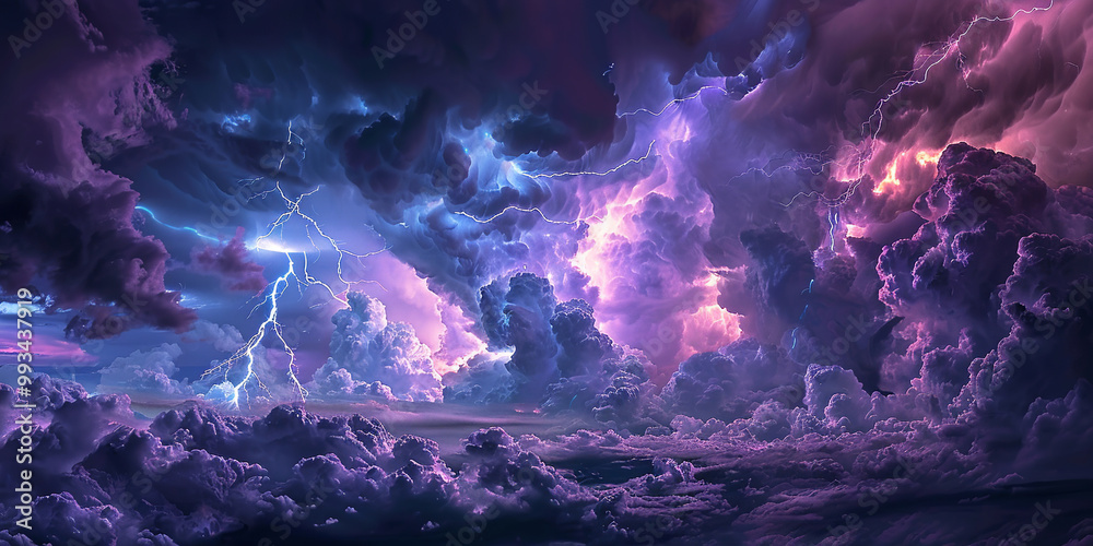 Thunderous clouds fill the sky as bolts of lightning dance, showcasing ...