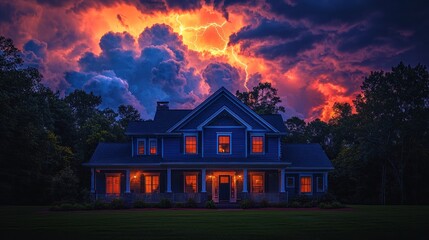 Wall Mural - Dramatic lightning storm over house with glowing windows and reflection in puddles during rainy night Generative AI